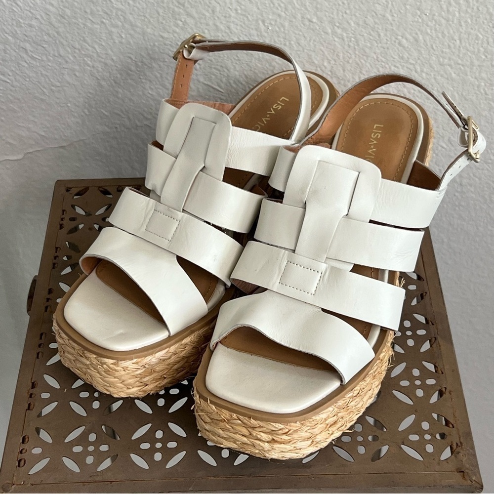 Lisa Vicky Platform Sandals Woven Strappy Block Heel White Espadrille NWOB - Picture 5 of 6